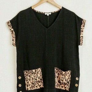 Umgee Top Linen Blend Leopard Print Pockets Short Sleeve Boxy